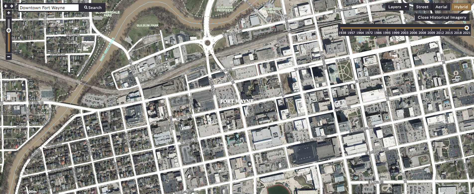 An aerial view of Downtown from 2021 shows the paved, spread out, vehicle-friendly city we have today. 