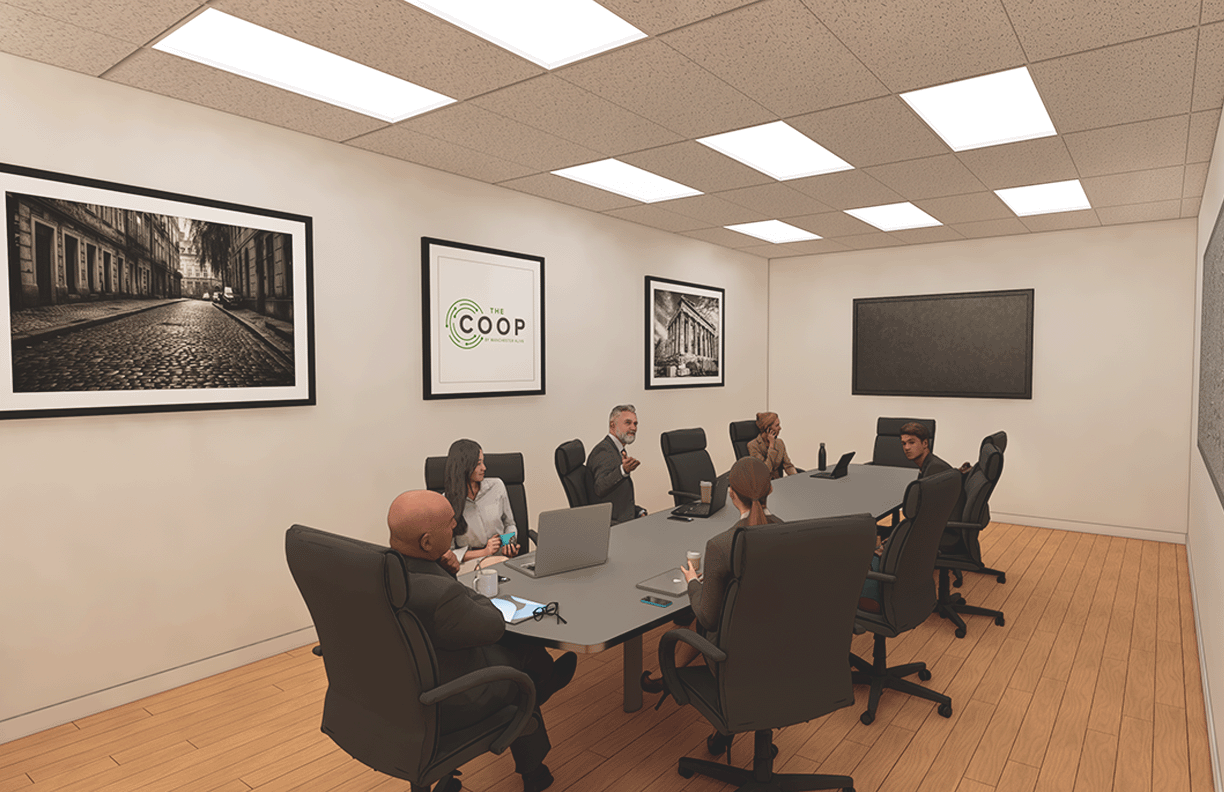 Illustrations showing what Manchester Alive envisions for The Coop's conference room.