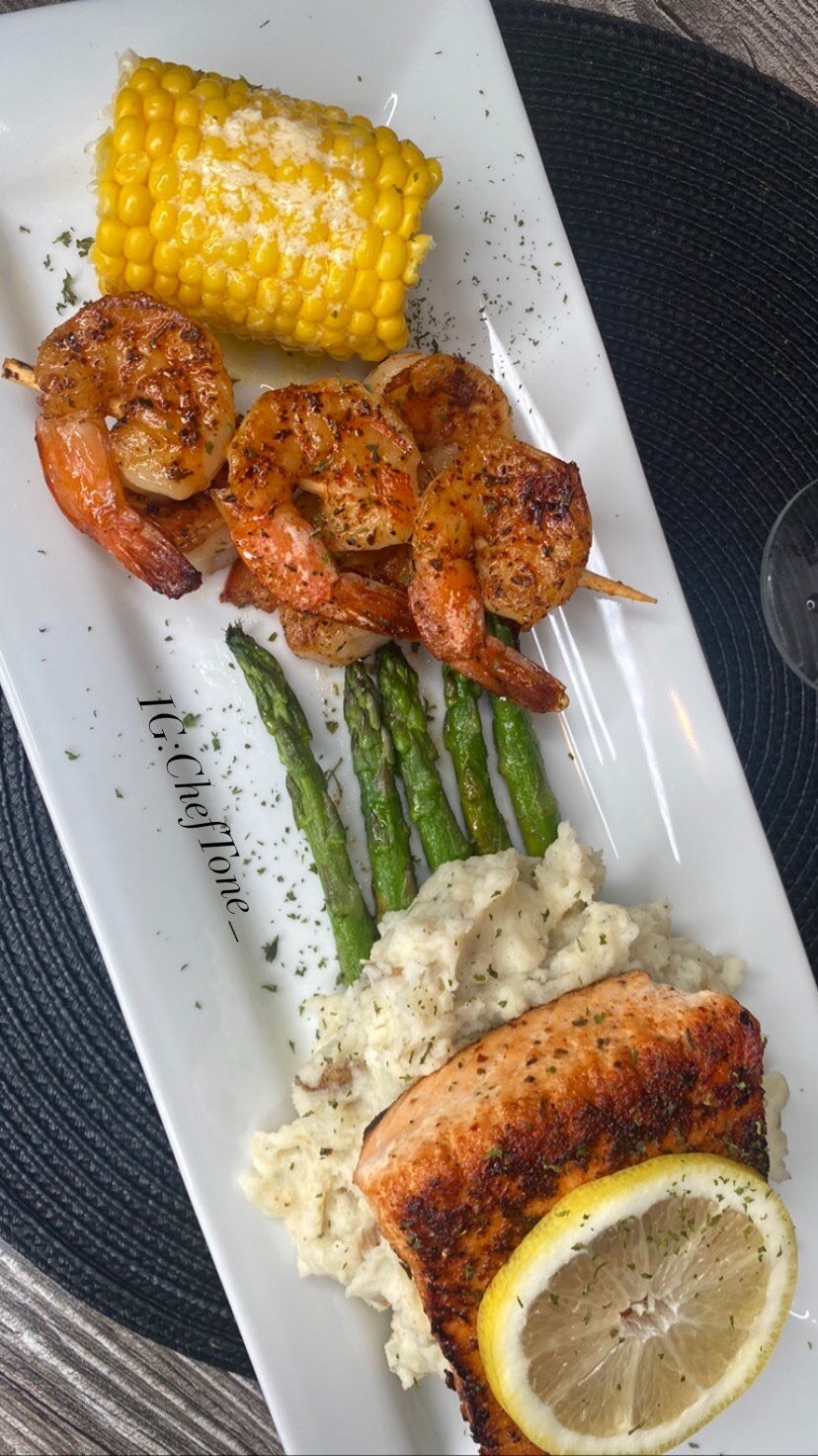 A salmon and shrimp dish made by Chef Tone Wilson.