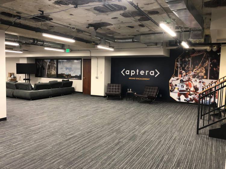 A basement lounge in the new Aptera headquarters.