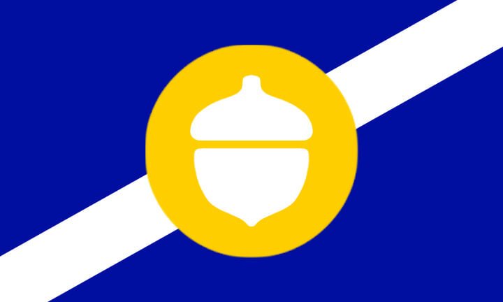 The Historic Southwood Park flag features an acorn, a circle, and a bold diagonal stripe, which represents the St. Marys river, just as it does on Fort Wayne’s flag.
