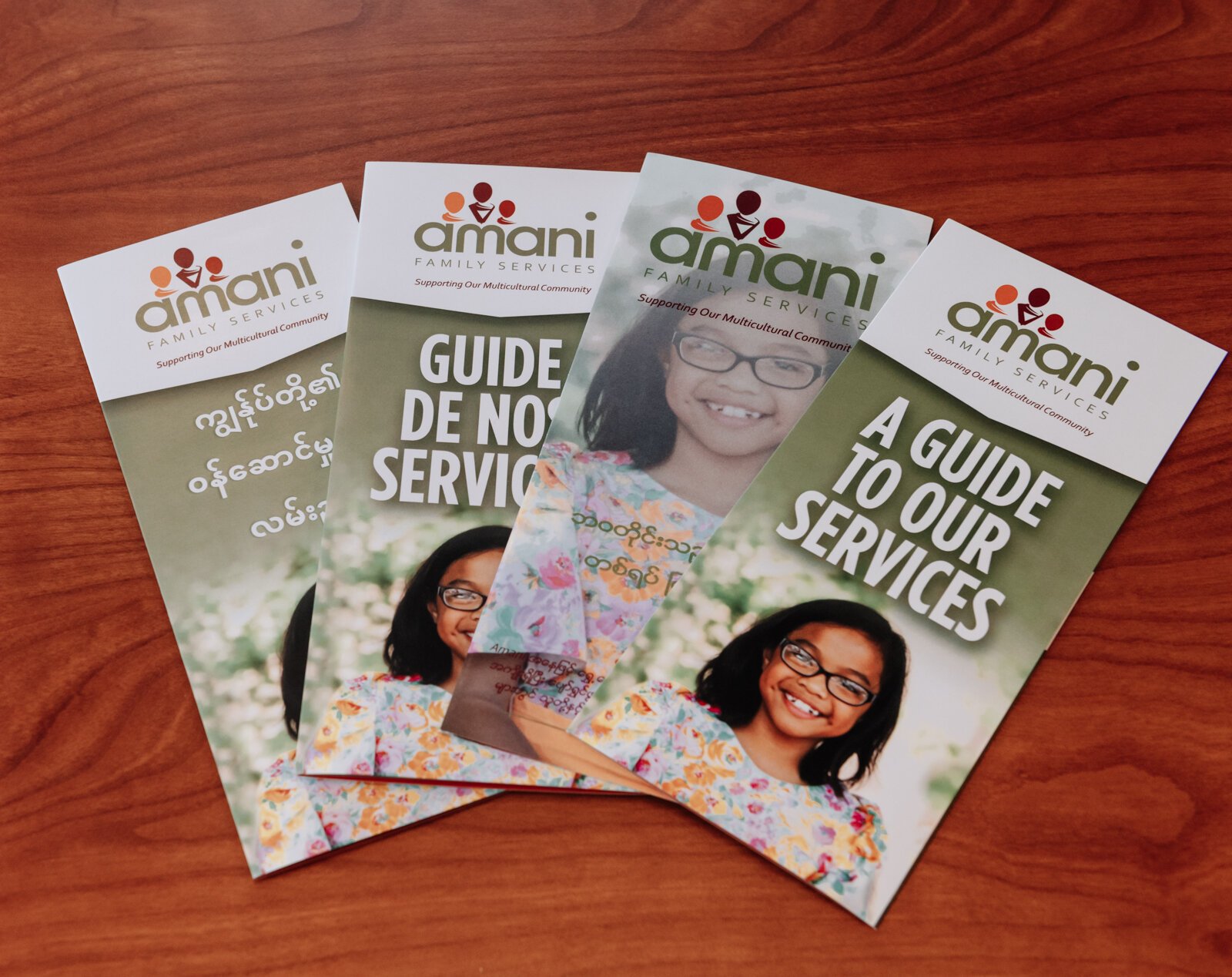 Pamphlets of services which are offered in 3 different languages at Amani Family Services in Fort Wayne.