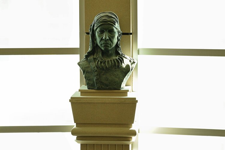 A bust of Cheif Little Turtle by Sufi Ahmad in the Flagstaff Bank Building at Wayne St. and Calhoun St.