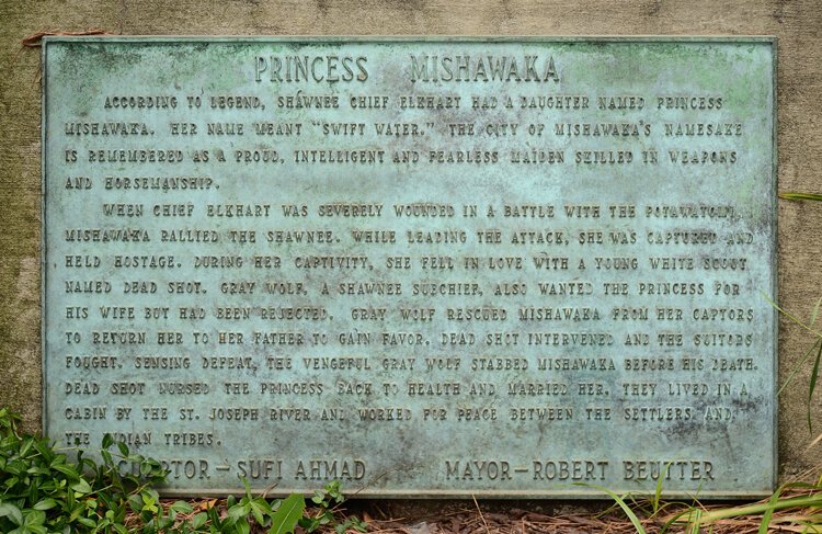 The details of Princess Mishawaka's story beneath her statue at Mishawaka City Hall.