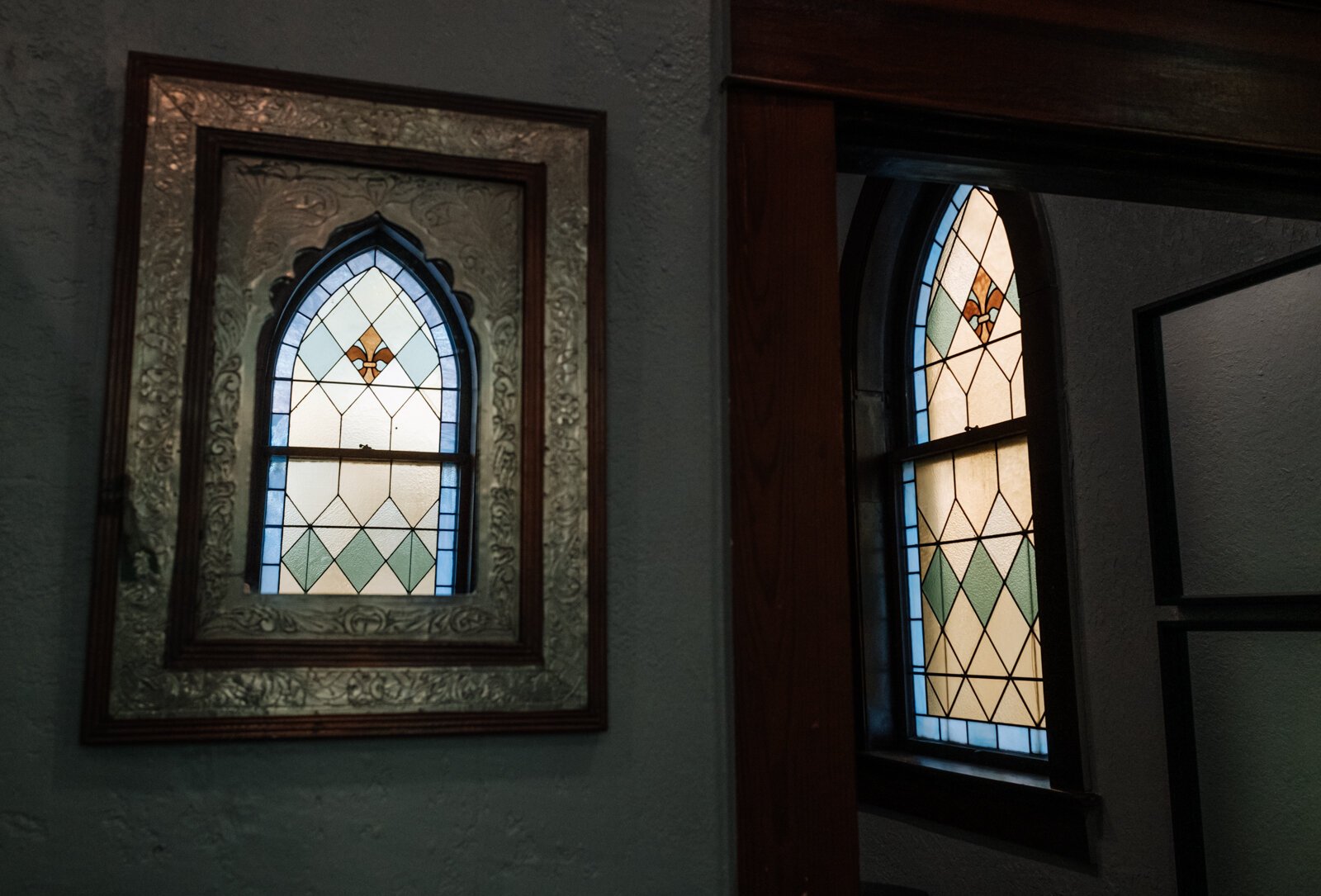 Stained glass windows inside the master bedroom "Intimate Hub" at the Sanctuary.