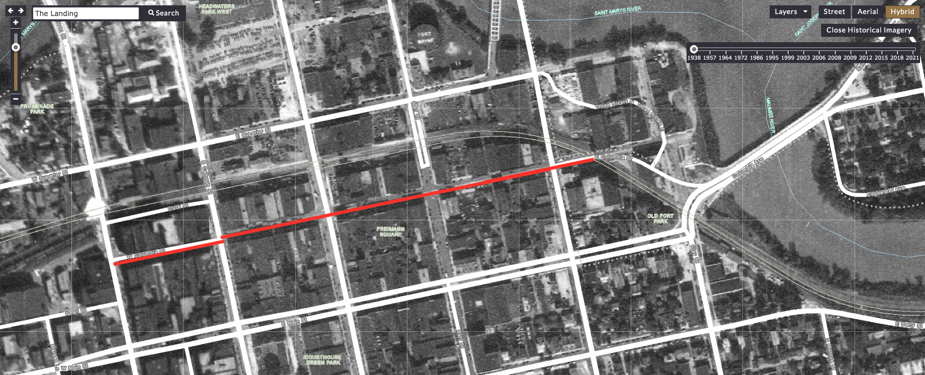 An ariel view of The Landing from 1938 shows Columbia Street (in red) stretching for five blocks.