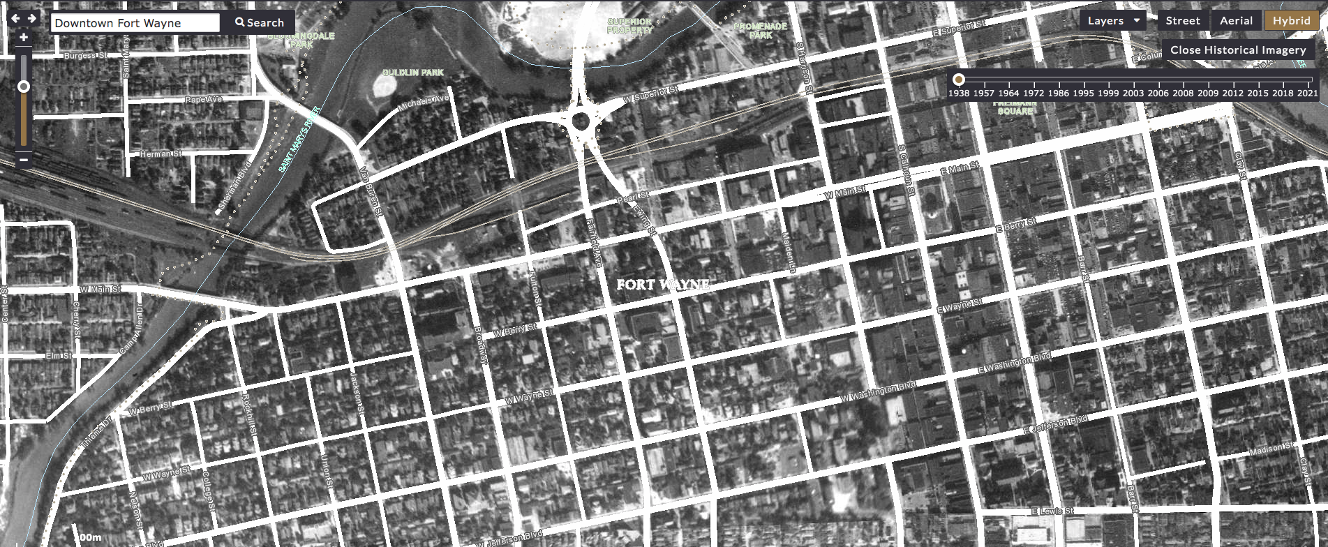 The density along throughout Downtown Fort Wayne is evident in 1938.