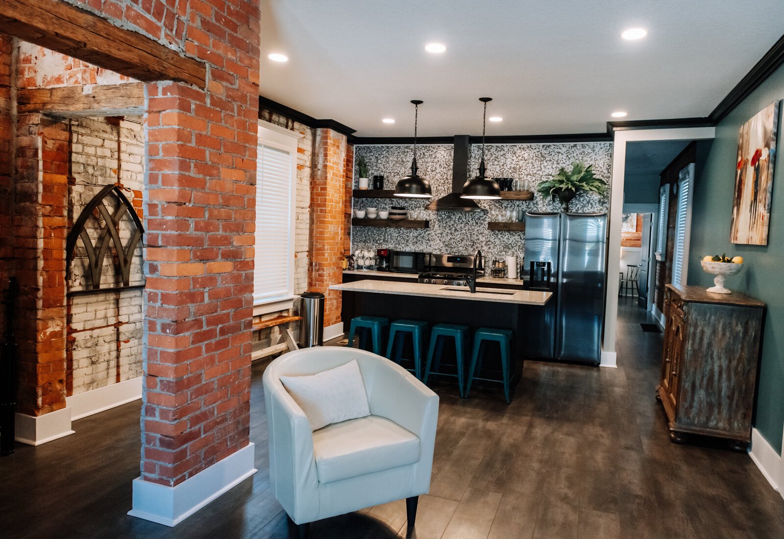 The kitchen area on the bottom floor.