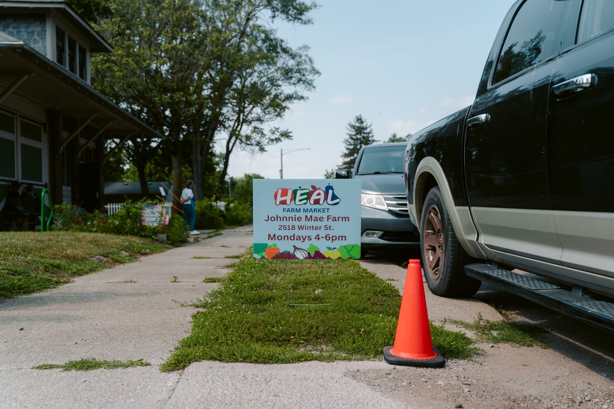 A HEAL Market sign at the Johnnie Mae Farm, 2518 Winter St, Fort Wayne, IN 46803.