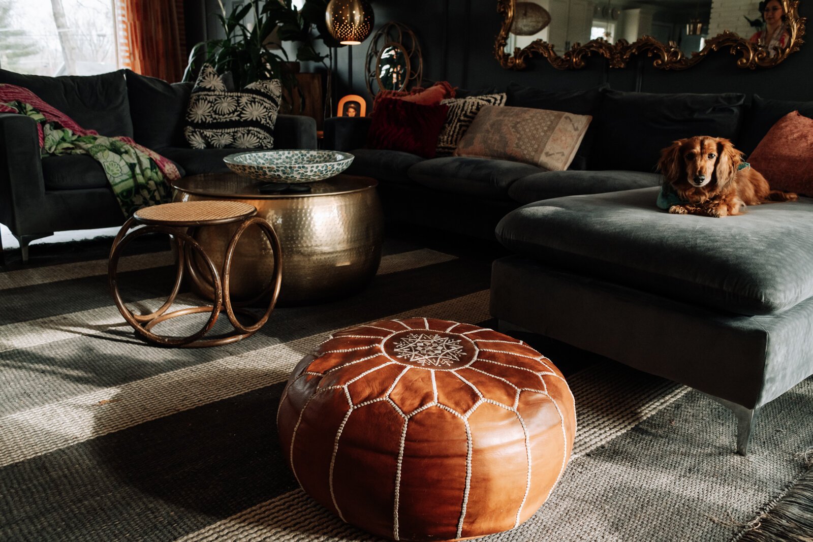 A Moroccan poof in the living room was a gift from Alexa's mom.