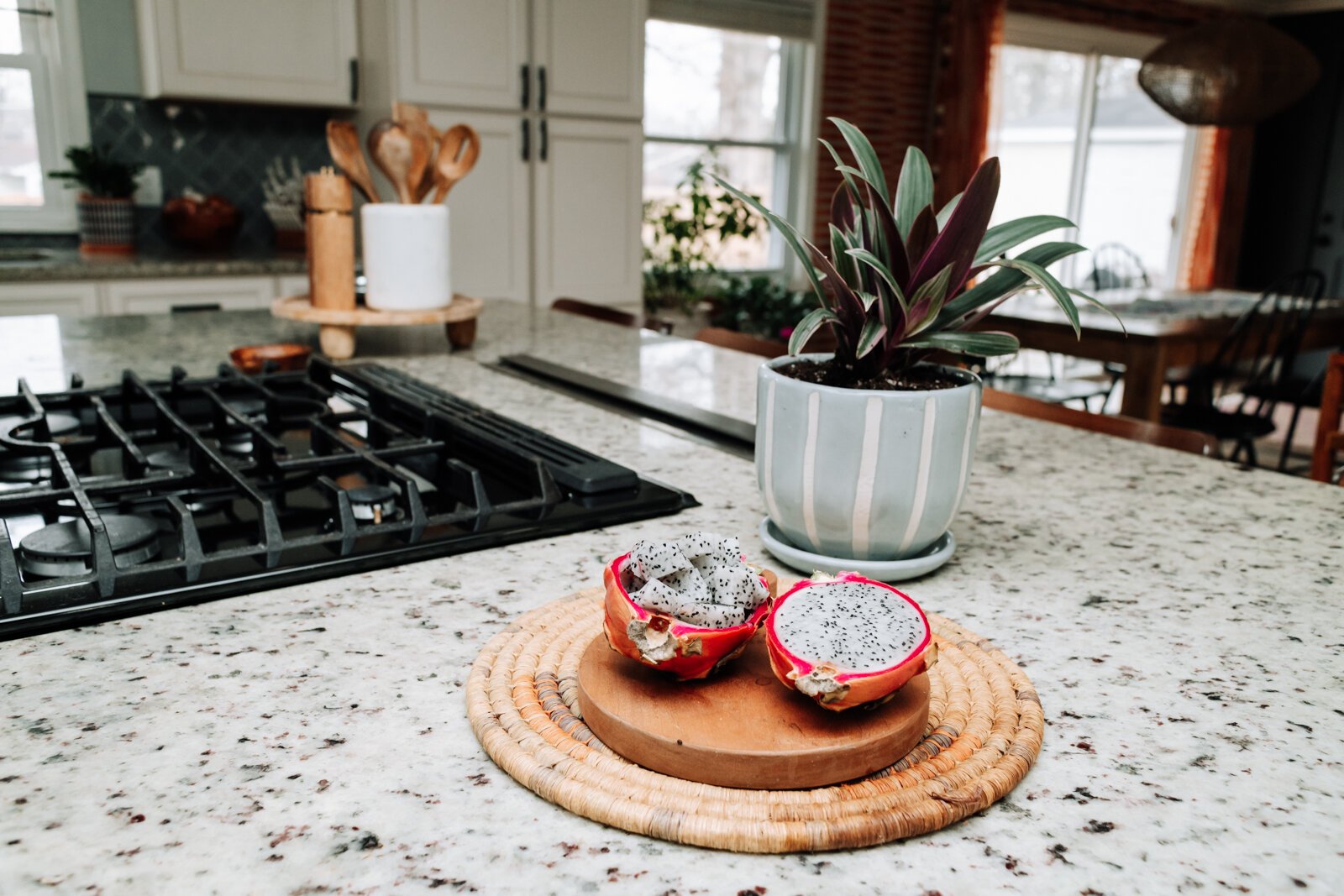 A cut dragon fruit sits on the kitchen table at the home of the Keefe family.