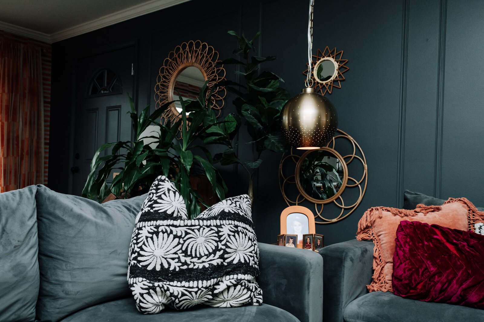 A variety of pillows and textures in the living room at the home of the Keefe family.