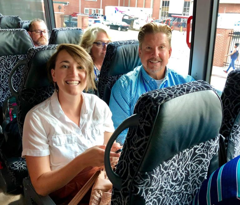 Brad Little, right, and Alison Gerardot, left, of the Community Foundation of Greater Fort Wayne spent 36 hours touring Louisville by bus.