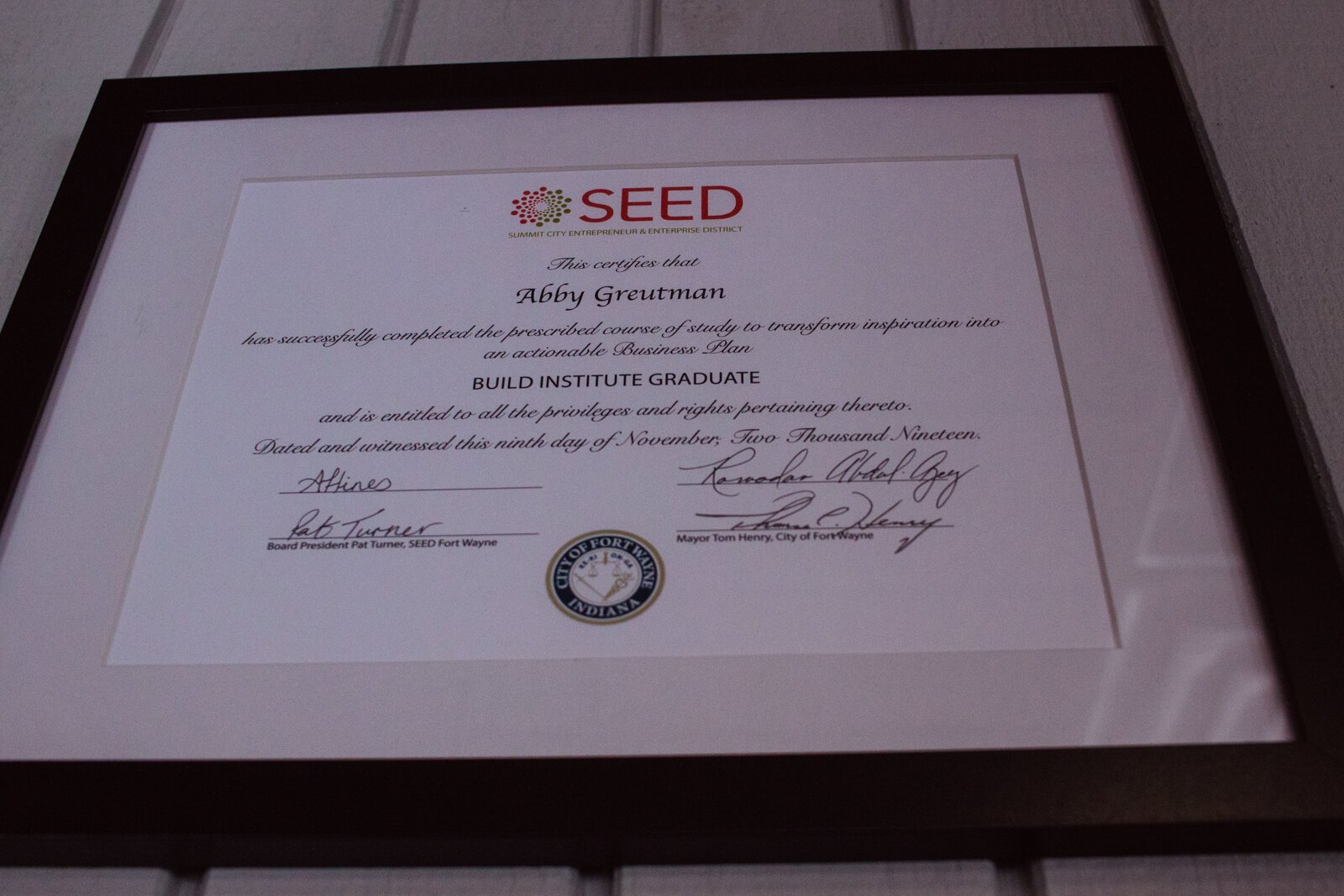 Abby Greutman's certificate from the Build Institute at SEED Fort Wayne.