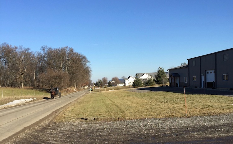 An Amish buggy travels a country block home to eight Amish businesses.
