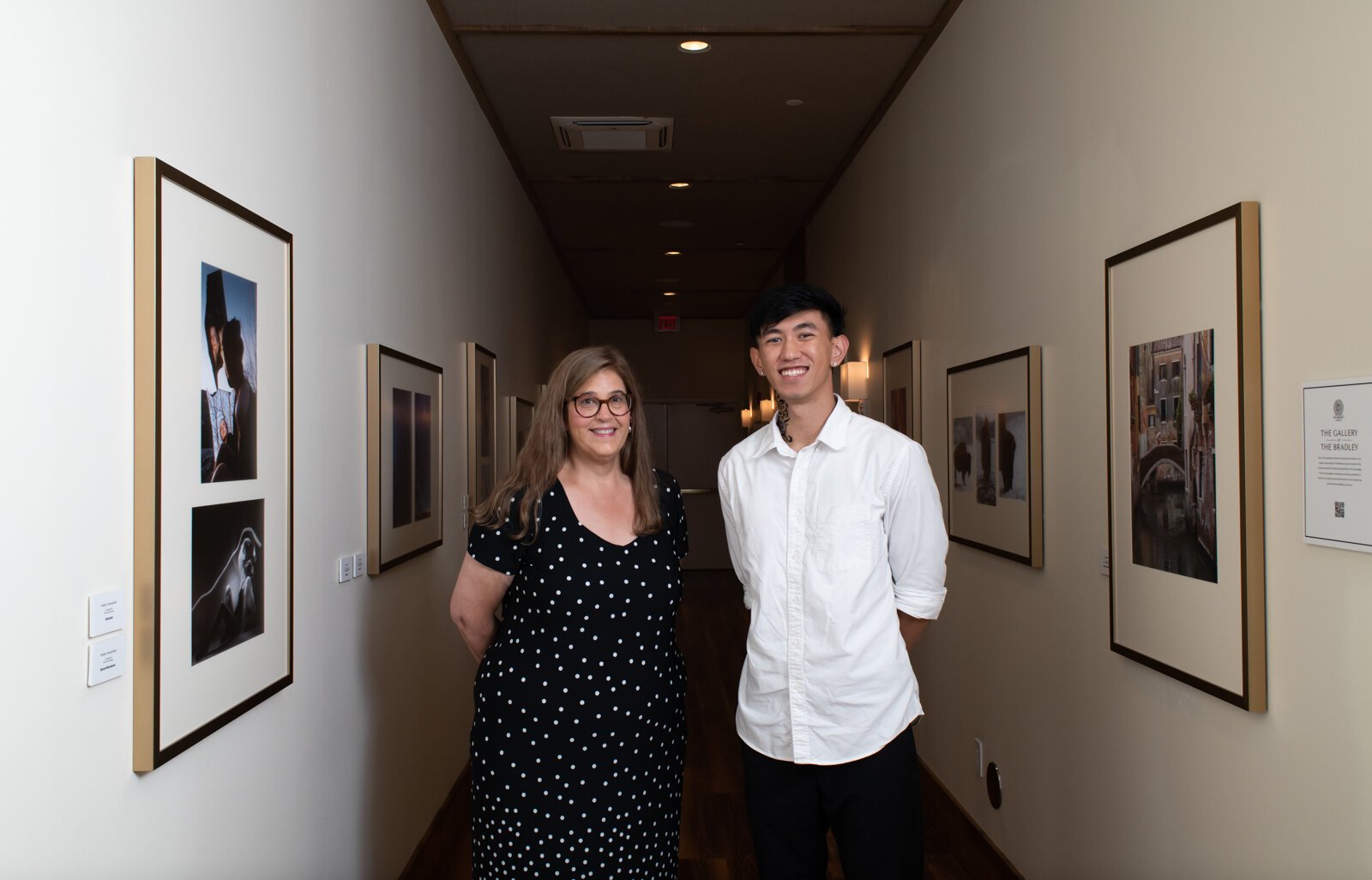 PFW Professor Rebecca Coffman and recent PFW graduate and artist Johnny Min in the new revolving gallery featuring work from Purdue Fort Wayne students, alumni and faculty at The Bradley, 204 W. Main St.