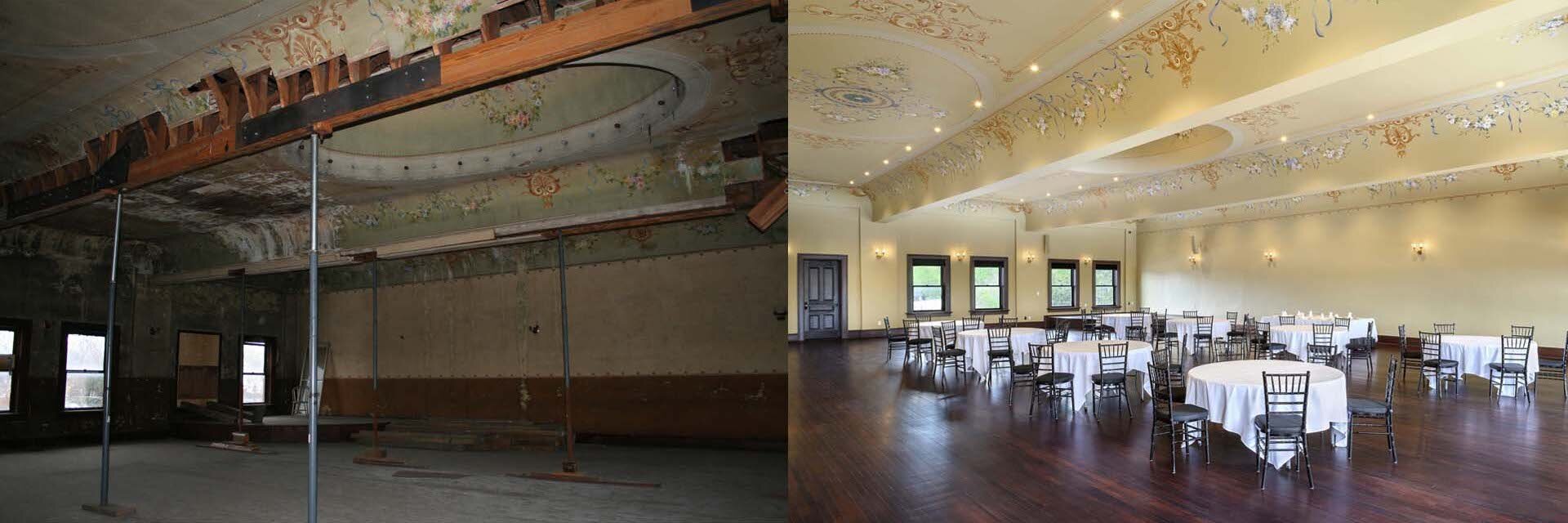 The ballroom at the Eagles Theatre before and after renovations.