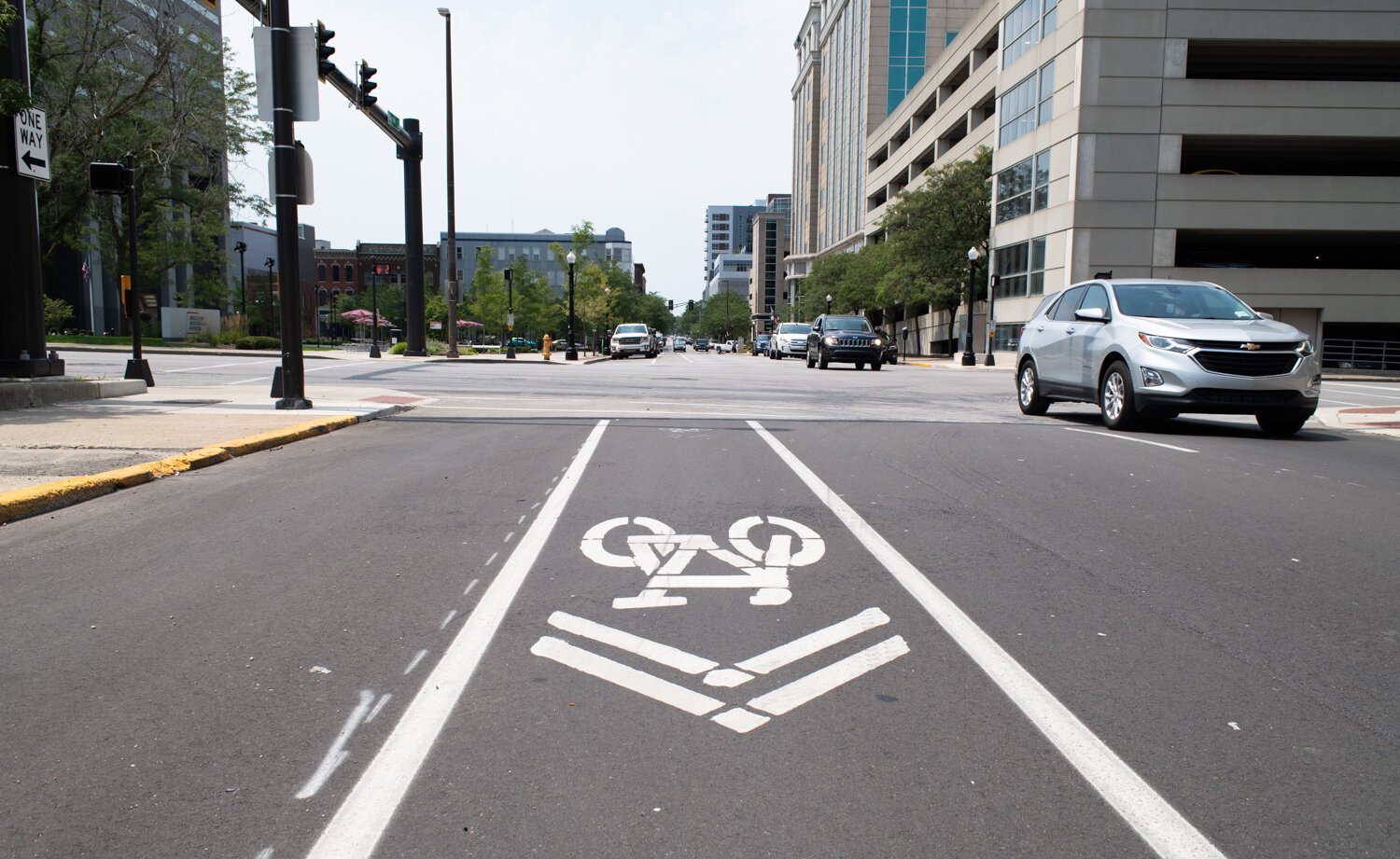 Bike lanes create connectivity for cyclists through downtown Fort Wayne.