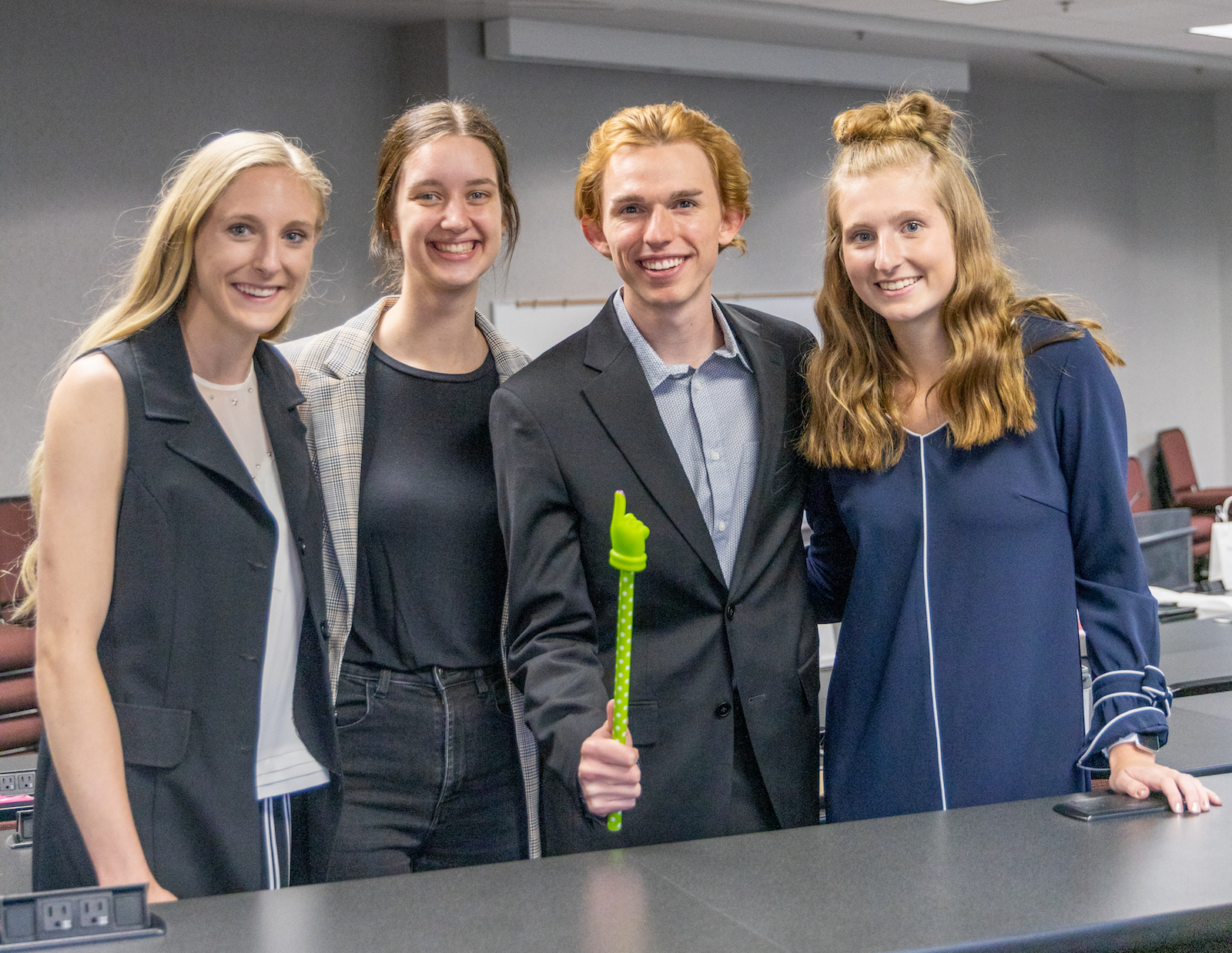 The four winners of Grace College's ninth annual business plan competition, from left, are: Mackenzie Rae DeLong, Melissa Mucci, Mitchell Bowen, and Kiersten Martin.