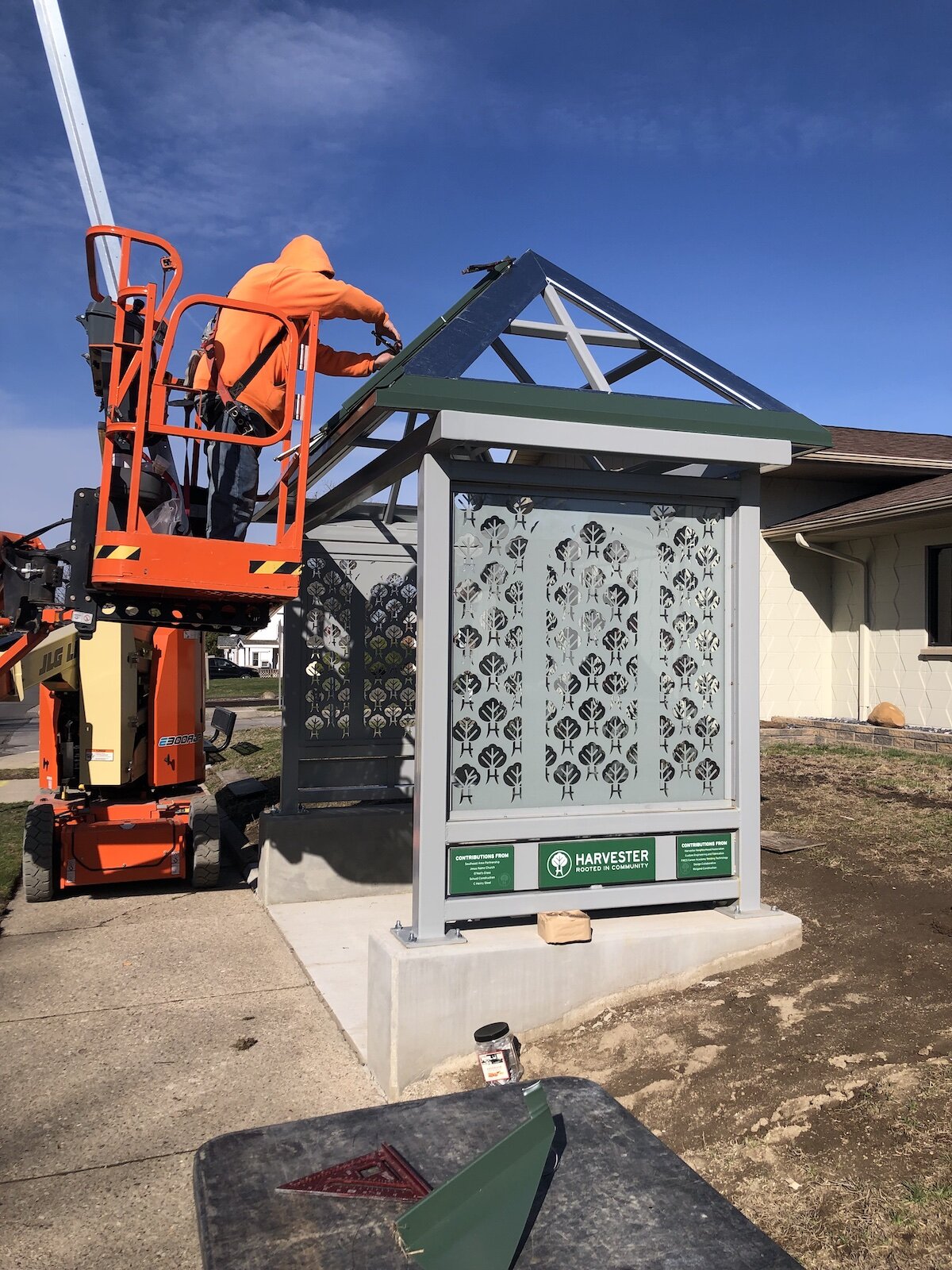 The Harvester bus shelter under construction.
