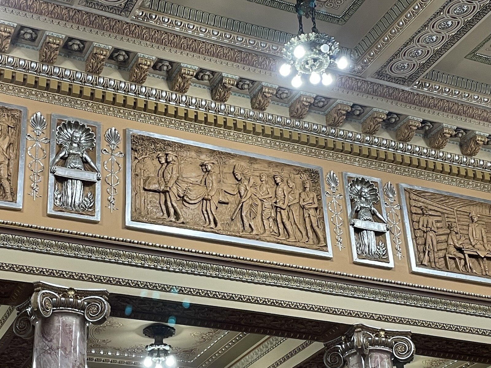 Of the many carvings of significance in the Allen County Courthouse features the burial of Chief Little Turtle, whose precise burial location would be found over a decade after the courthouse was completed.