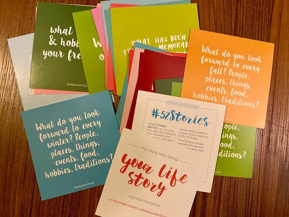 A set of cards with prompts to answer yourself or ask someone else as part of the #52Stories project from FamilySearch.