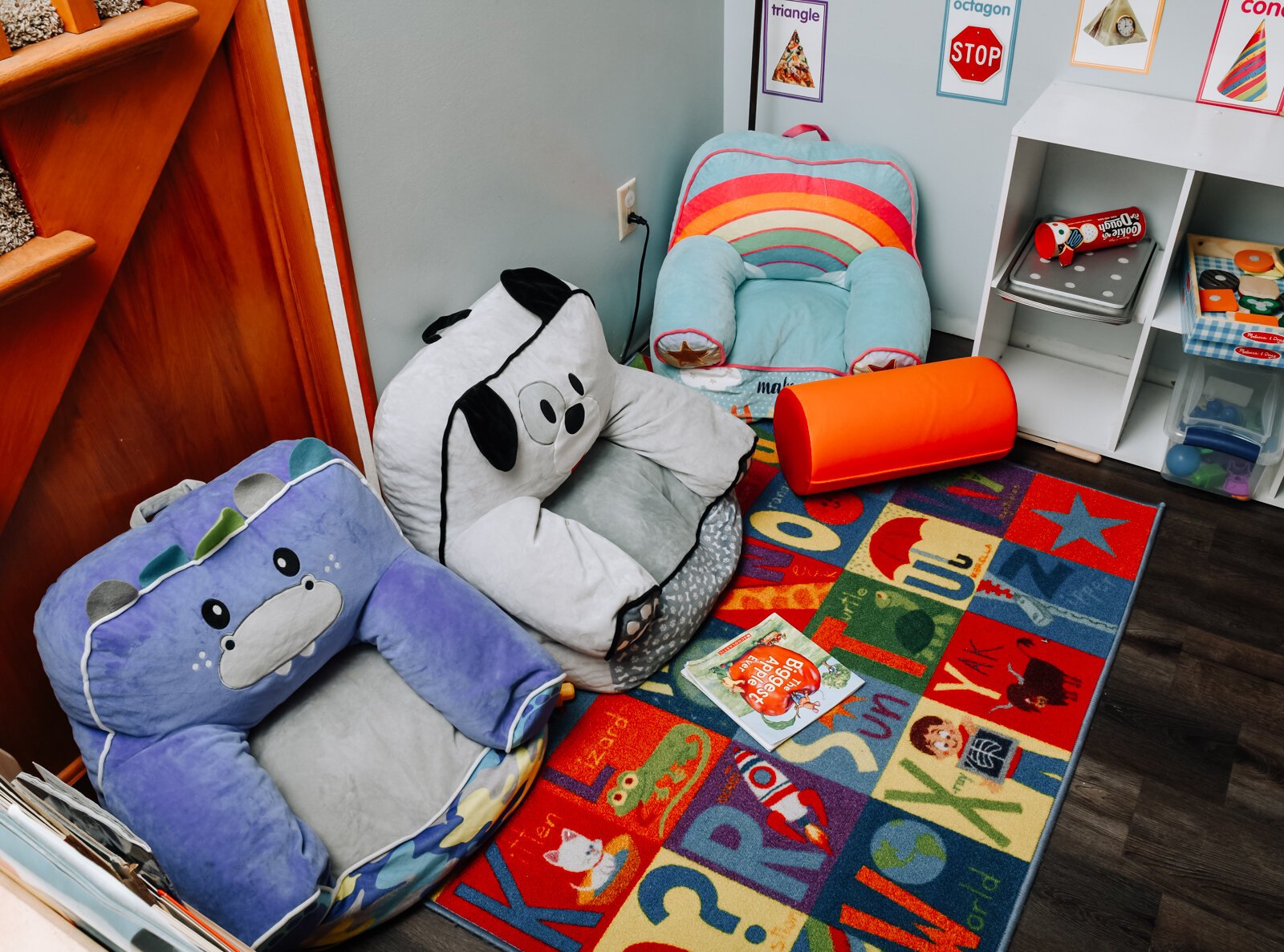 A reading corner for the children at Deondra Steward's home-based daycare service Unique Cherubs.
