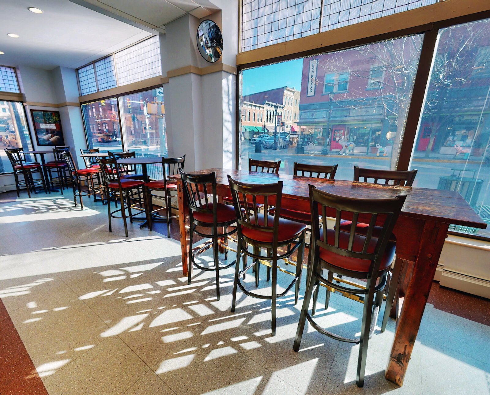 Seating inside the wine shop