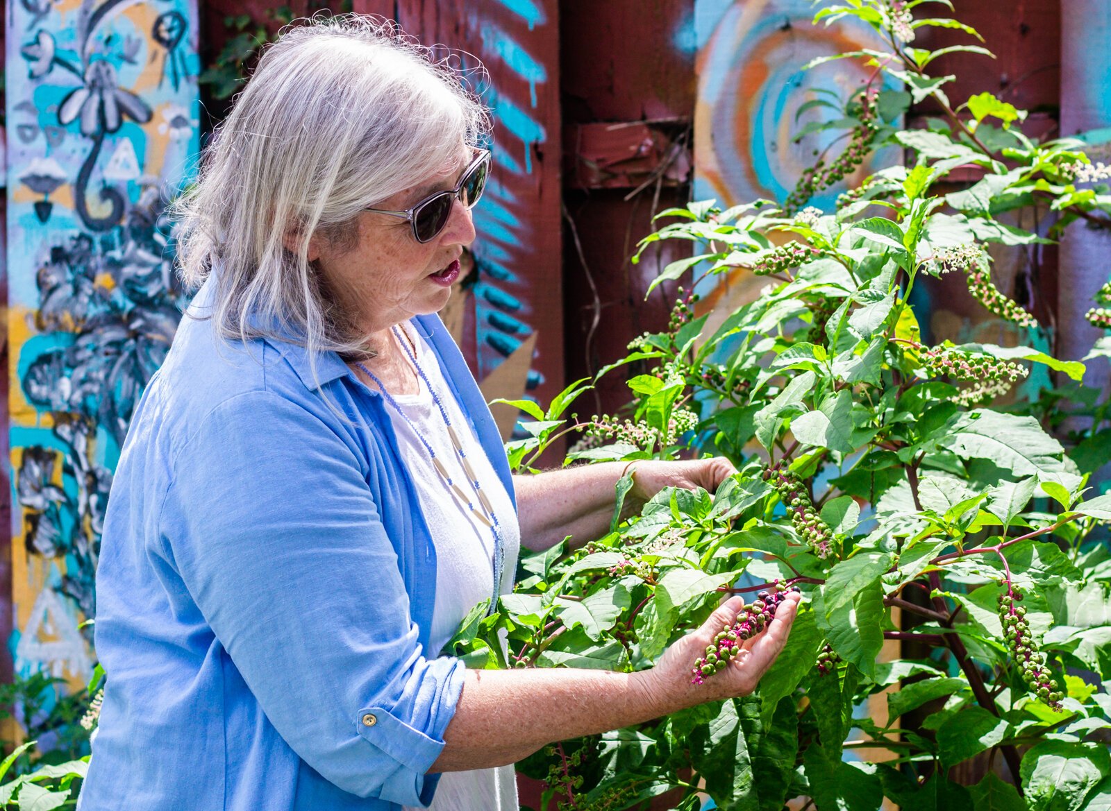 Dani Tippmann examines one of her plants.