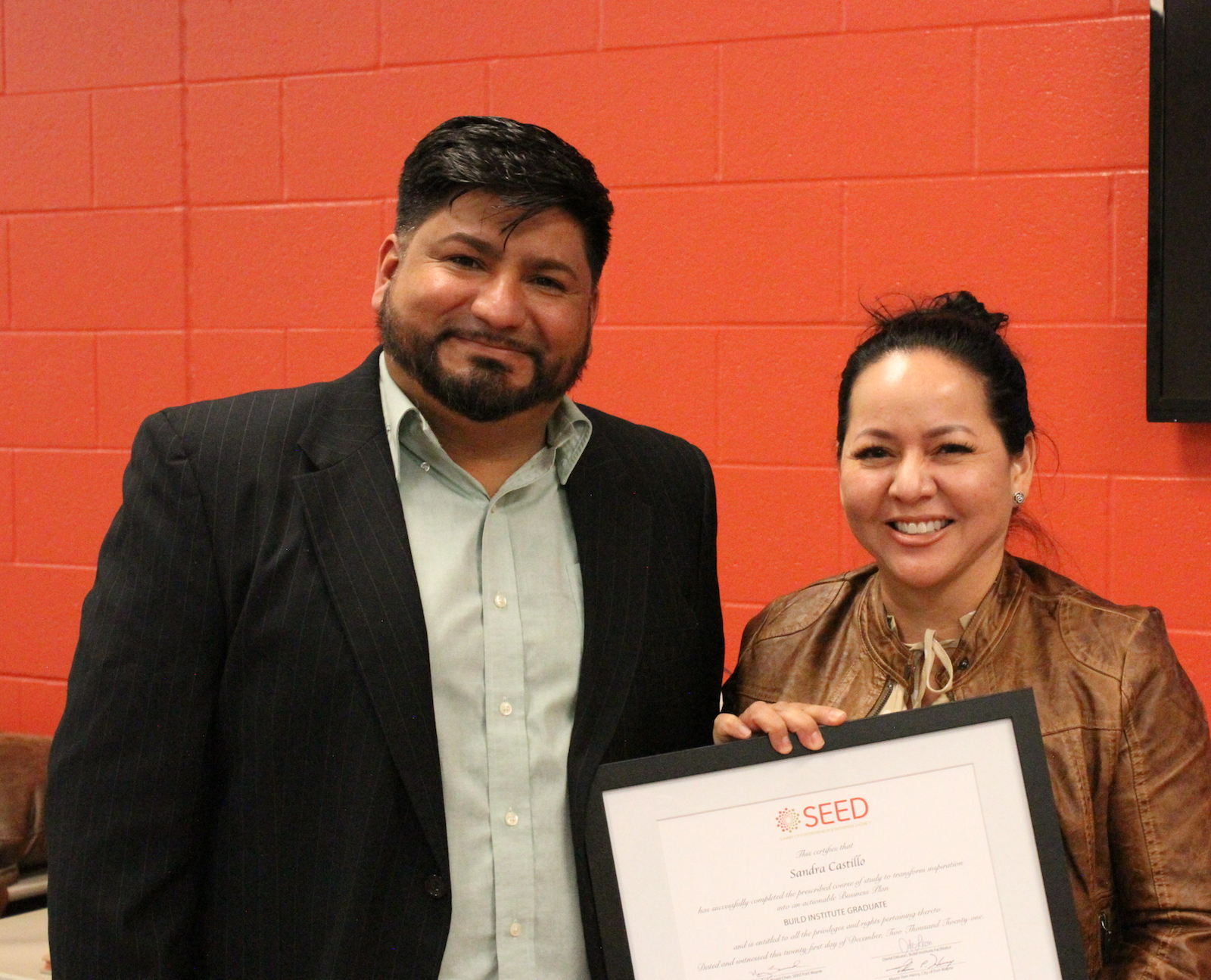 Build Institute graduate and facilitator, David De Leon, left, poses with a graduate of the first Spanish cohort in 2021, Sandra Castillo of Creations by Sandra Castillo, LLC.