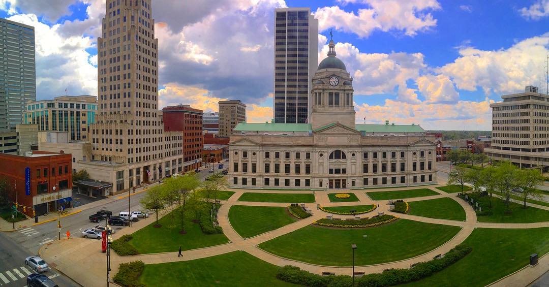 The Allen County Courthouse at 715 S. Calhoun St. in Downtown Fort Wayne marks the center of city life.