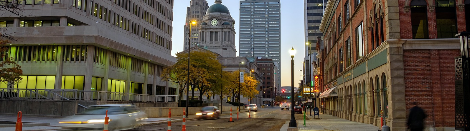 The streets of downtown Fort Wayne at dusk.