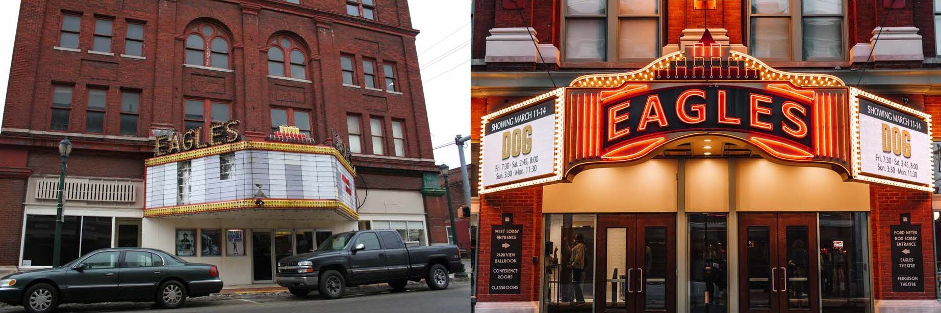 The marquee at the Eagles Theatre before and after renovations.