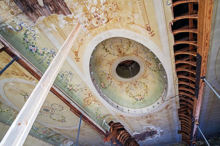 Intricate ceilings are being restored on the fourth floor ballroom of Eagles Theatre.