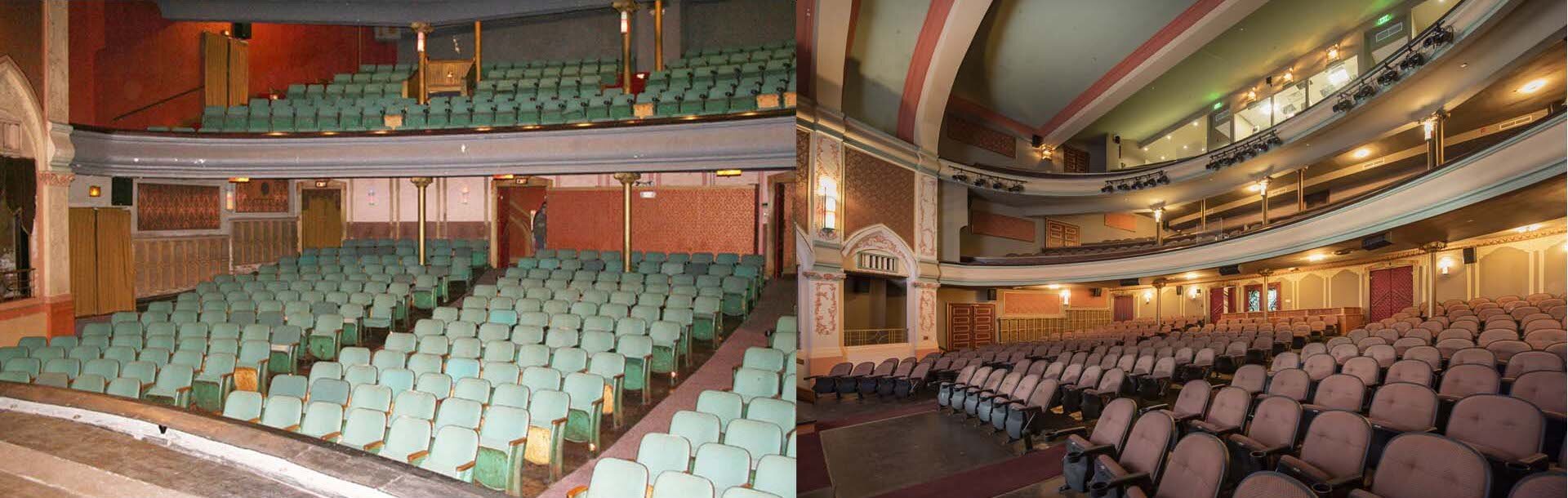Inside the Eagles Theatre before and after renovations.