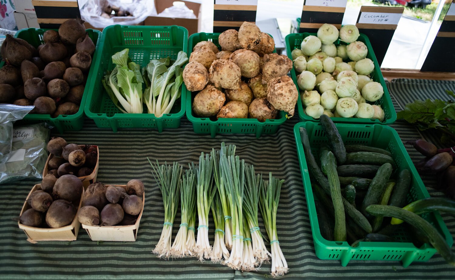 Fresh produce is displayed at the Berry Hill Farm table during the Fort Wayne's Farmers Market at McCulloch Park on Saturday June 19, 2021.