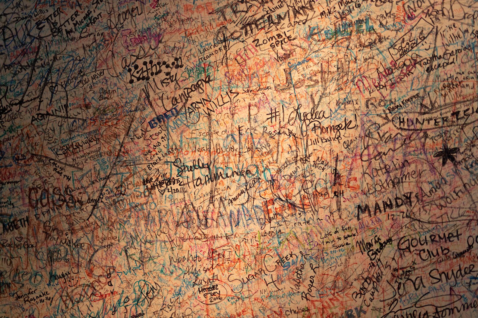 Participant signatures on the wall of the Fort Wayne Escape Room at 327 E. Wayne St., #200.