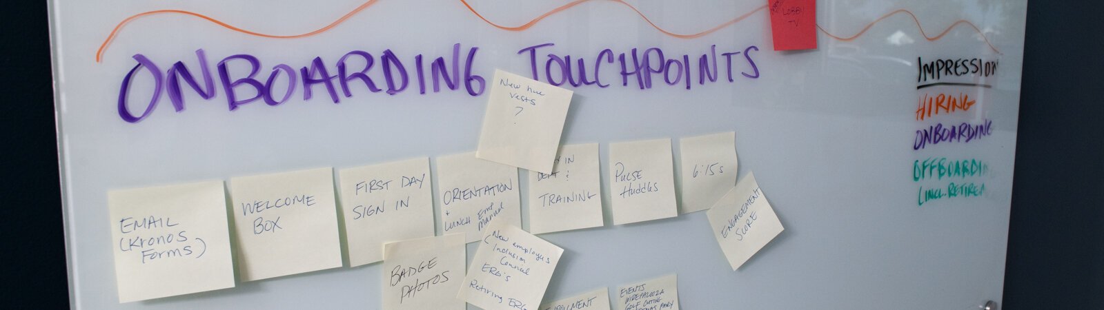 A board with hiring and onboarding checkpoints at Fort Wayne Metals on Ardmore Ave.