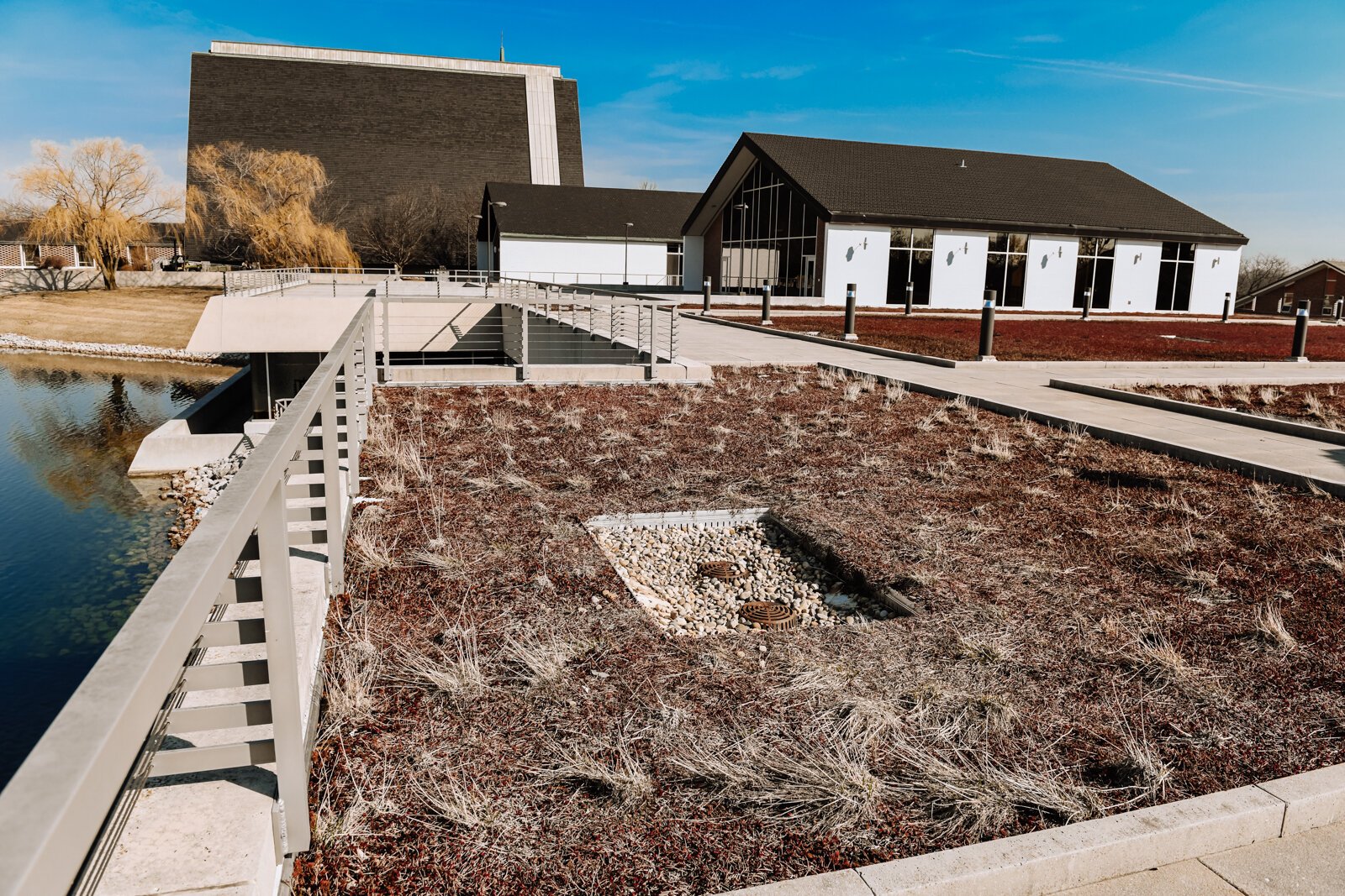 A green "living" roof (during the cold season) atop the campus library at Concordia Theological Seminary (CTSFW) at 6600 N. Clinton St.