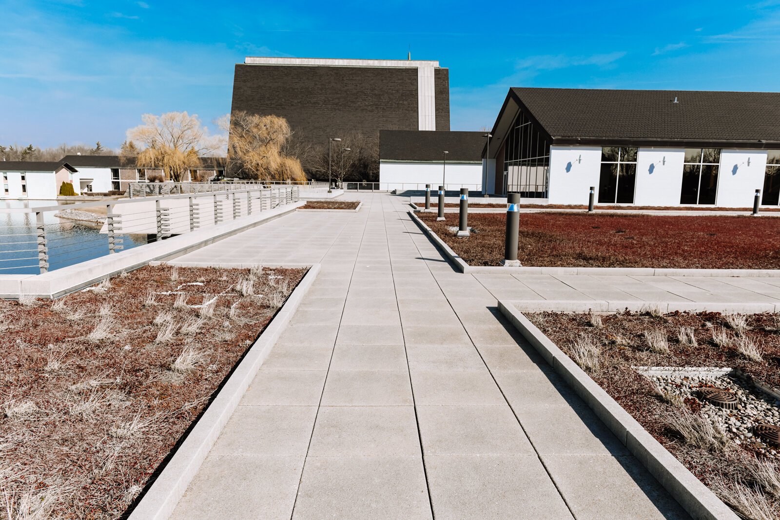 A green "living" roof (during the cold season) atop the campus library at Concordia Theological Seminary (CTSFW) at 6600 N. Clinton St.