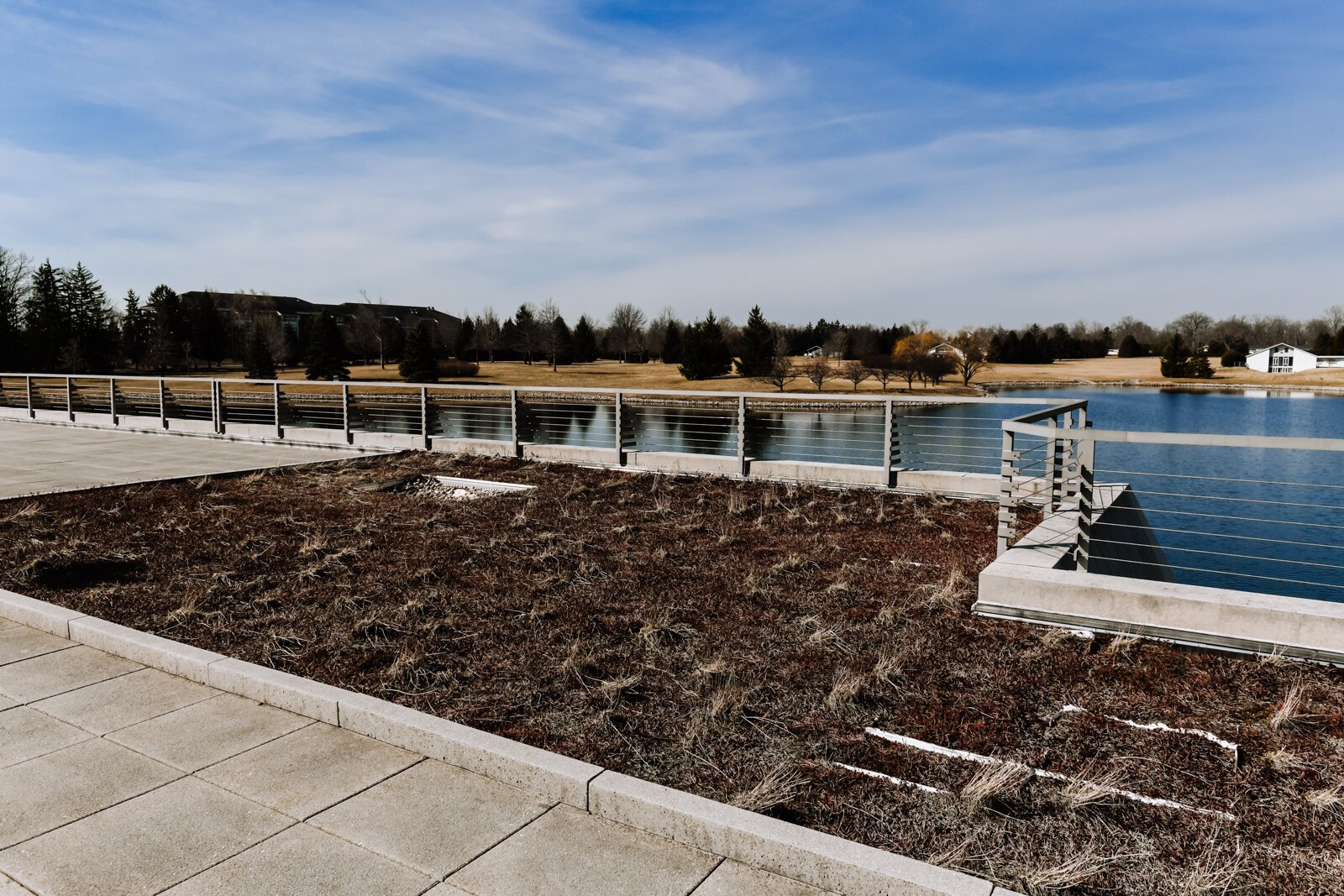 A green "living" roof (during the cold season) atop the campus library at Concordia Theological Seminary (CTSFW) at 6600 N. Clinton St.