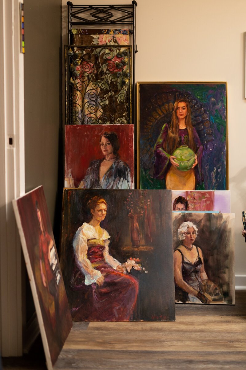 Portraits by Hilarie Couture, a former street artist, in her home studio in Williams Woodland Park of Fort Wayne.