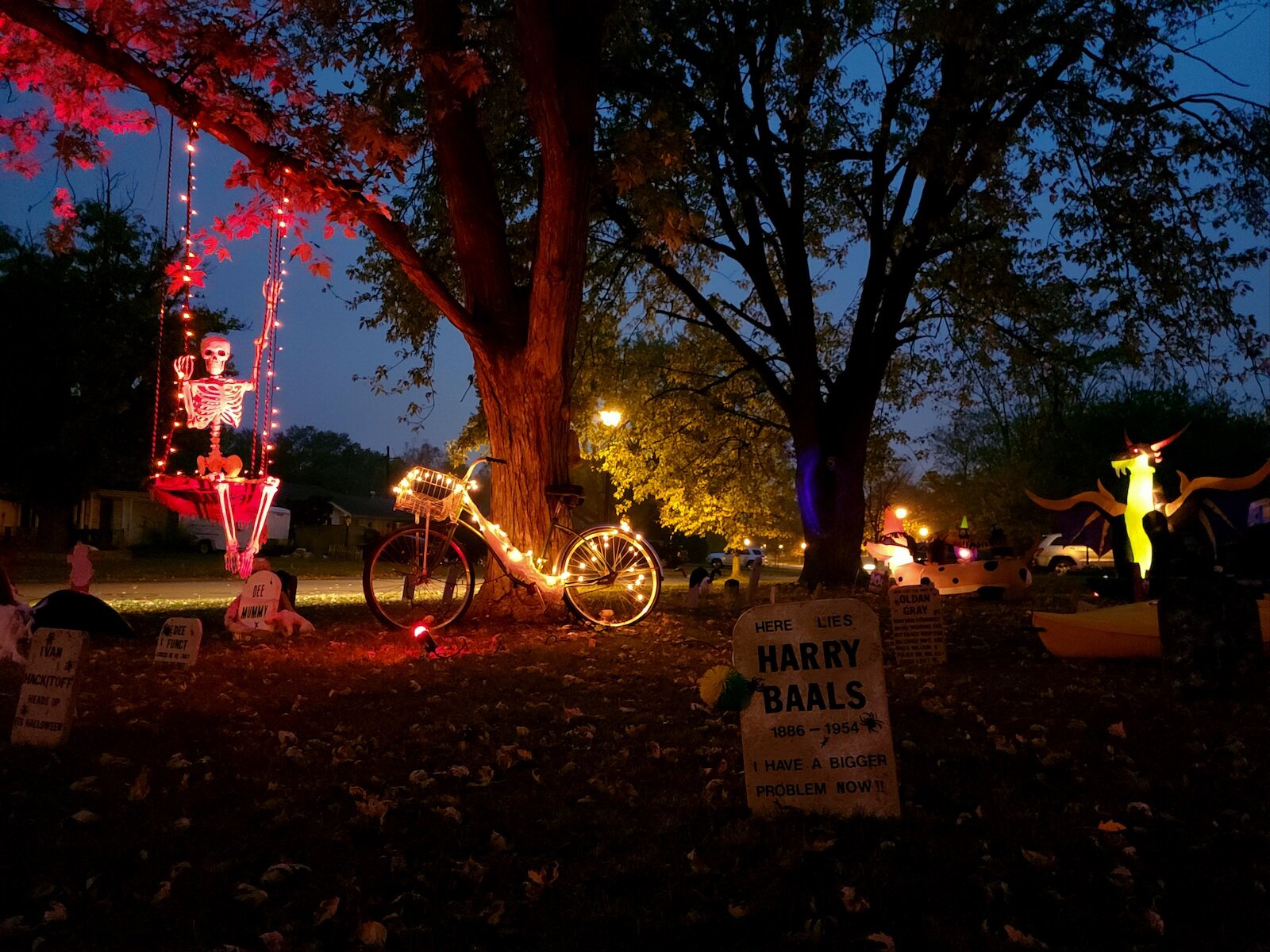 The Morse family Halloween display comes alive at night.
