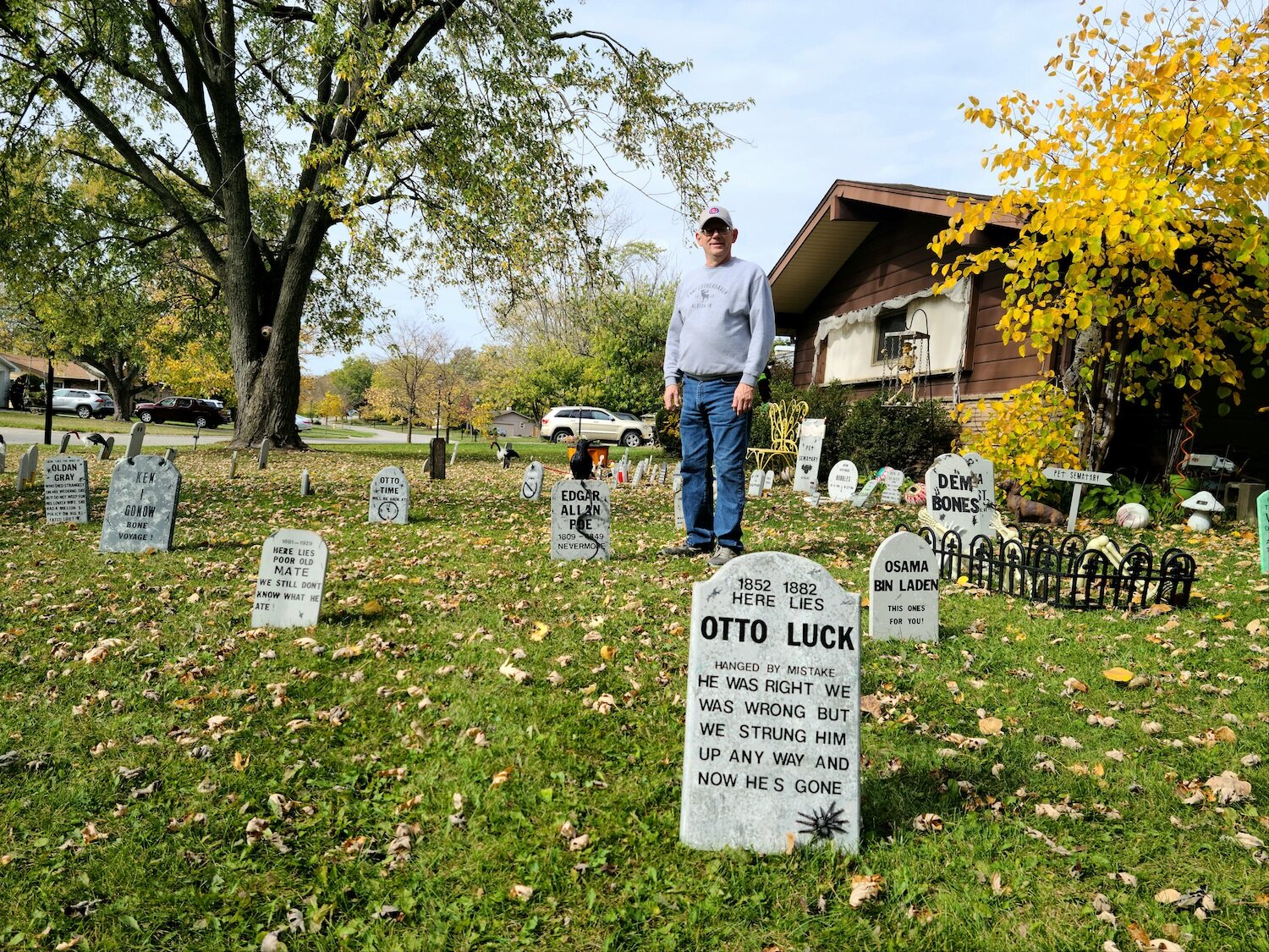 Kevin Morse’s yard in the 3700 block of Chancellor Dr. features a Halloween display with 352 handmade tombstones.
