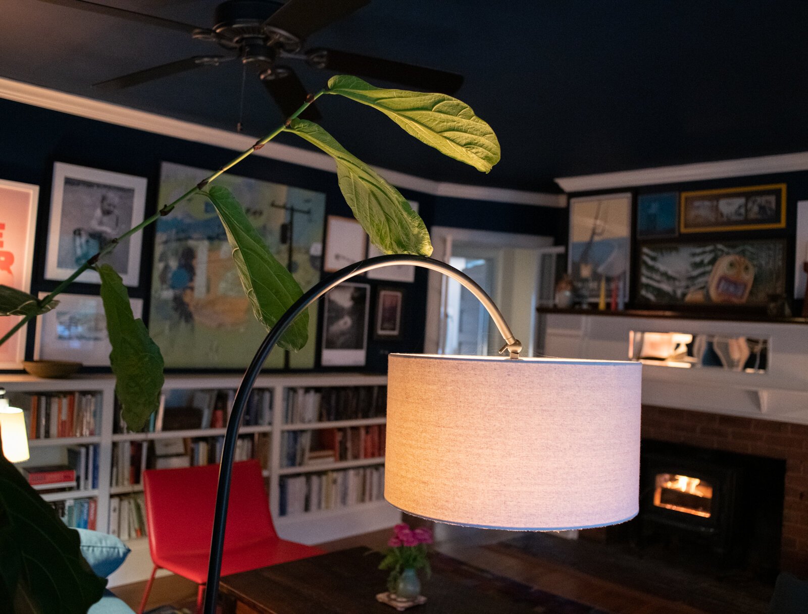 Interesting decor details including lighting and art in the living room of Scott and Catherine Hill's home.