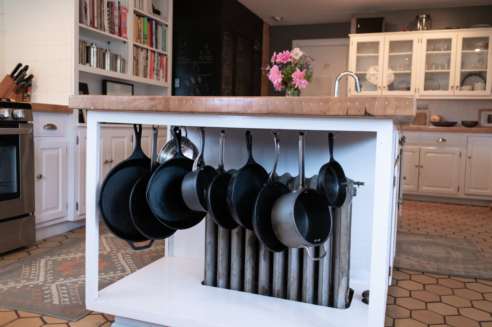 Creative pot and pan storage in the kitchen.