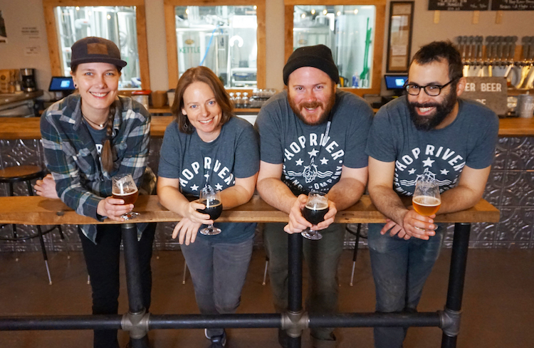 Amanda Wendt, Mary Corinne Lowenstein-DeGood, Zach Croy, and Kevin Debs of Hop River Brewing Company.