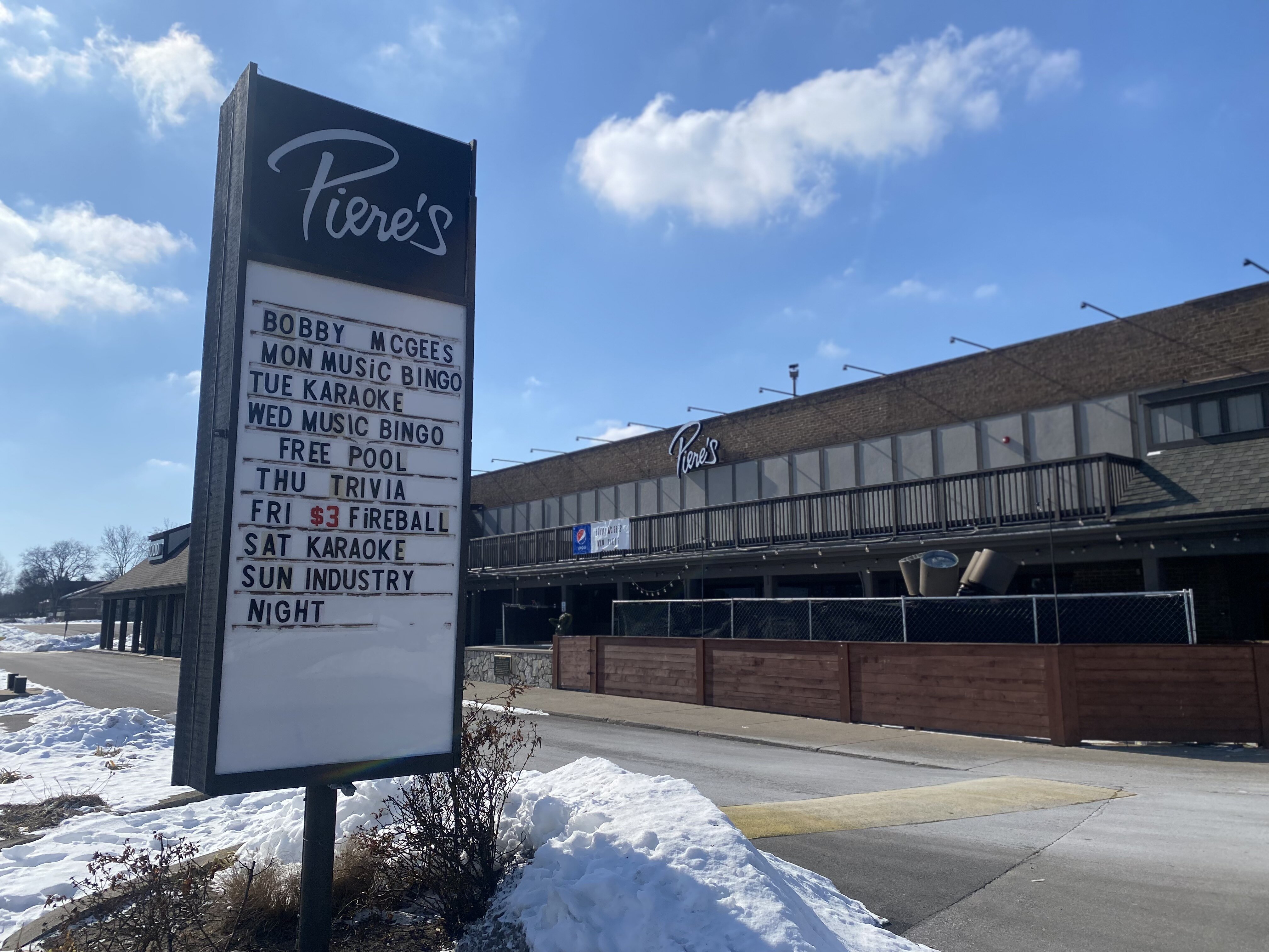 The sign displaying an event schedule for Piere's. 