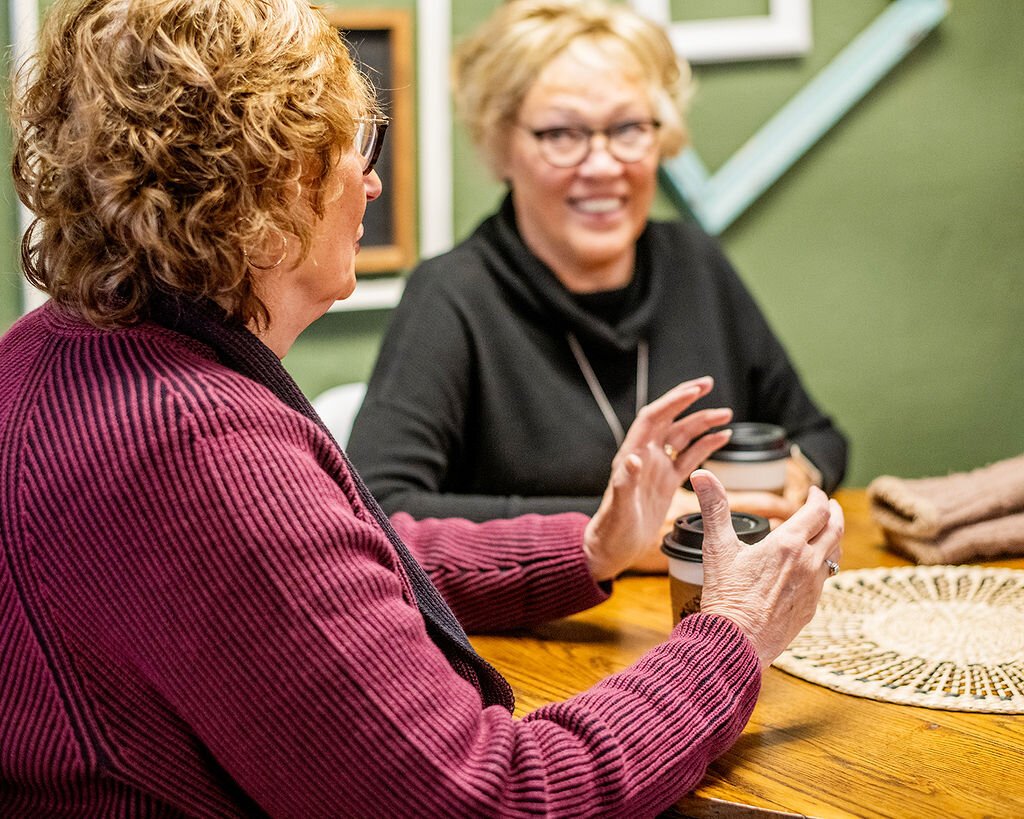 Jan Roland and Beverly Vanderpool at Modoc's Coffee Shop in Wabash.