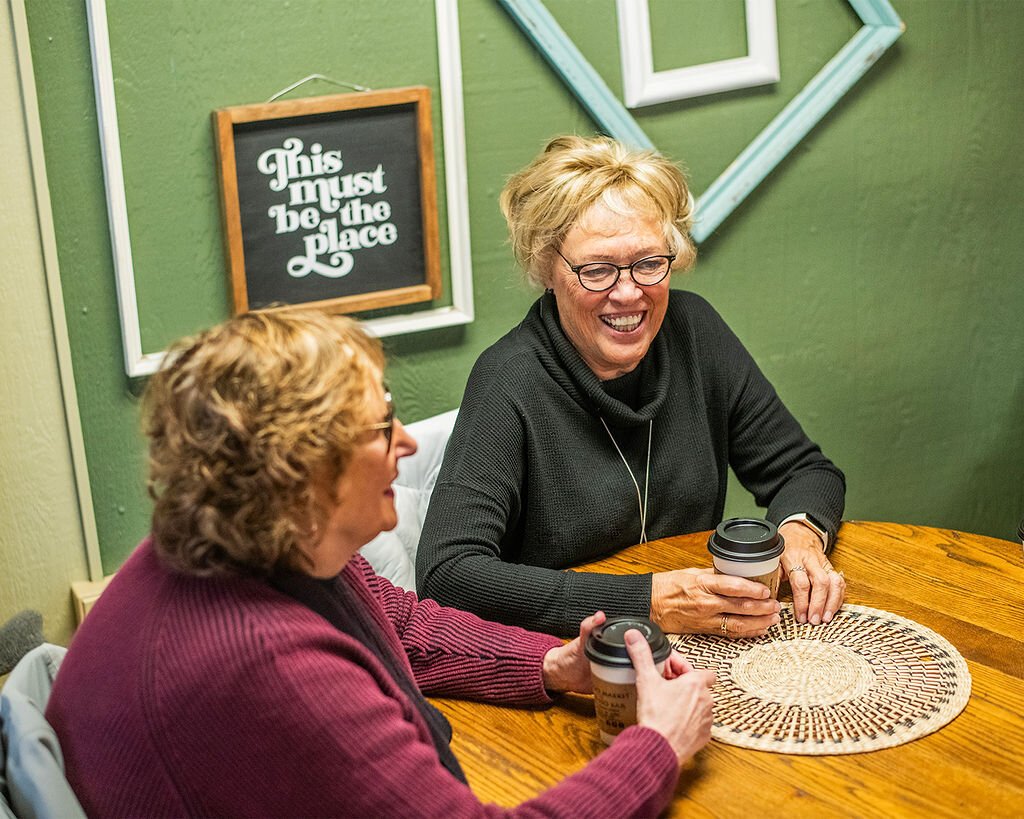 Jan Roland and Beverly Vanderpool at Modoc's Coffee Shop in Wabash.